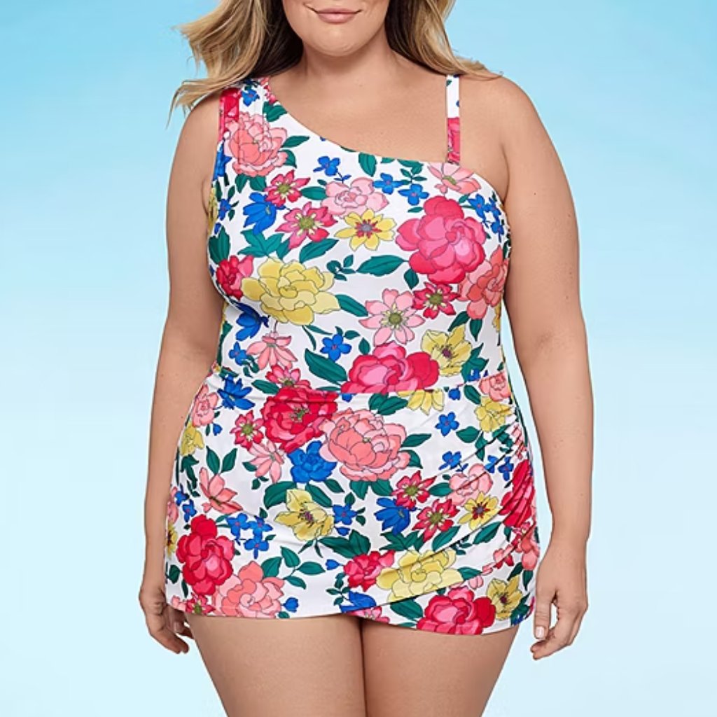 One Piece Swimsuit 20w Floral Swim Dress One Shoulder Tummy Control Plus Size